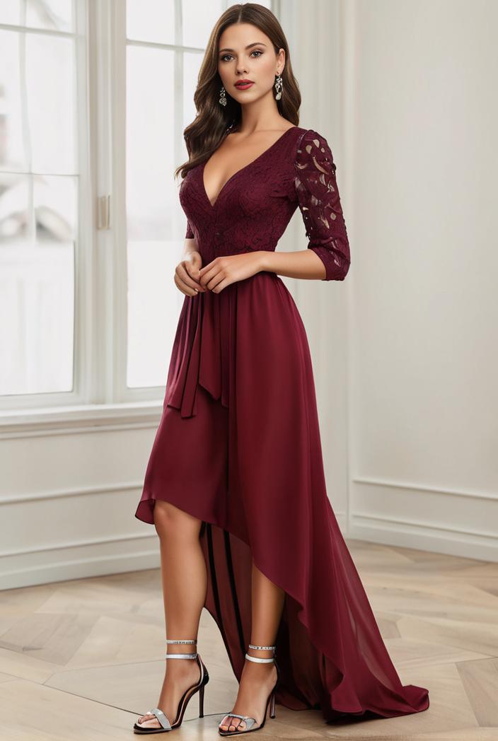 3 4 sleeve sheer sequin stripe high low hem evening dress 141117