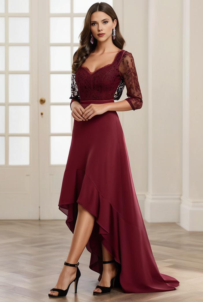 3 4 sleeve sheer sequin stripe high low hem evening dress 141122