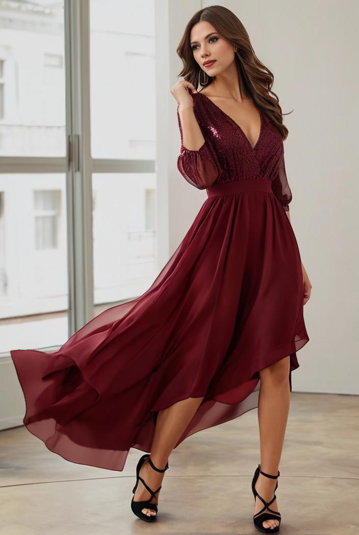 3 4 sleeve sheer sequin stripe high low hem evening dress 141125