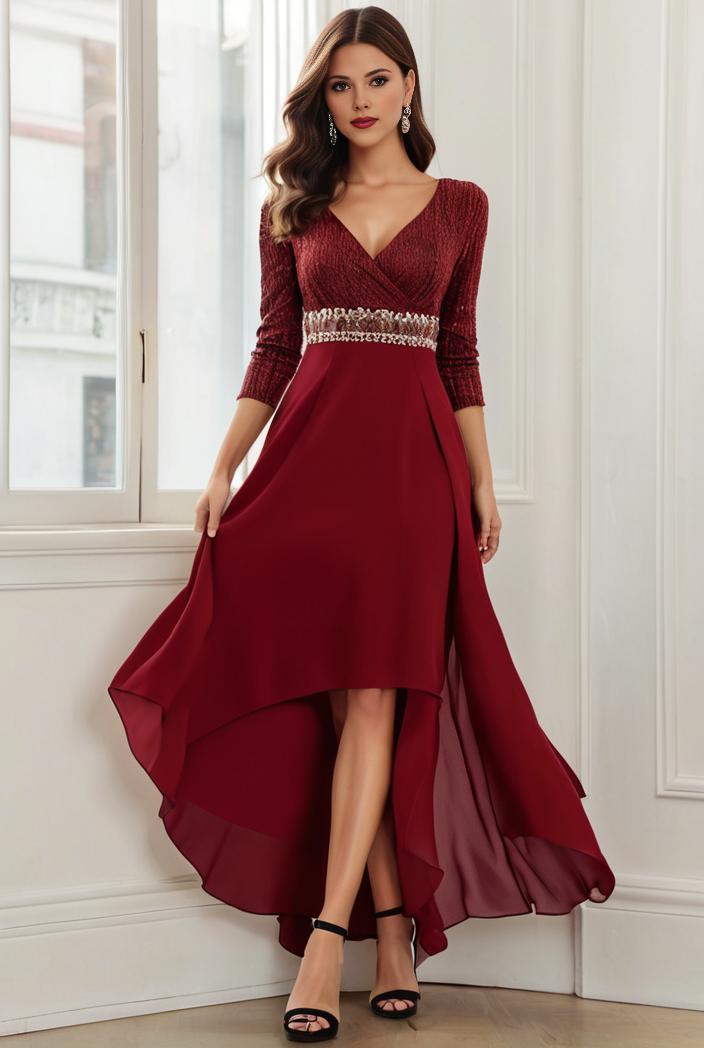 3 4 sleeve sheer sequin stripe high low hem evening dress 141137