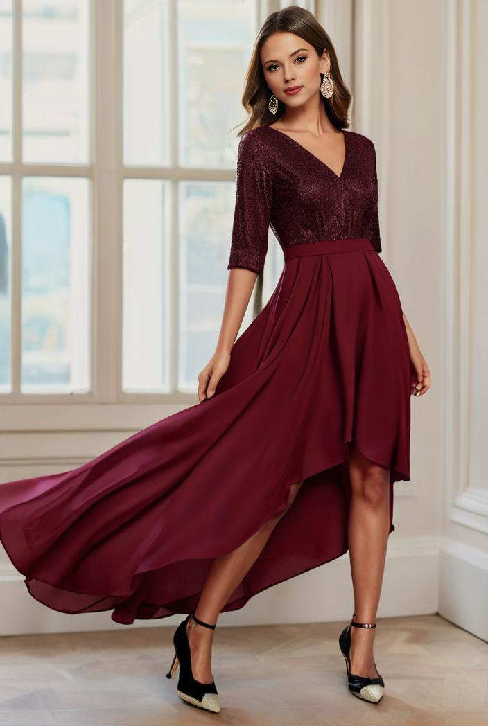 3 4 sleeve sheer sequin stripe high low hem evening dress 141154