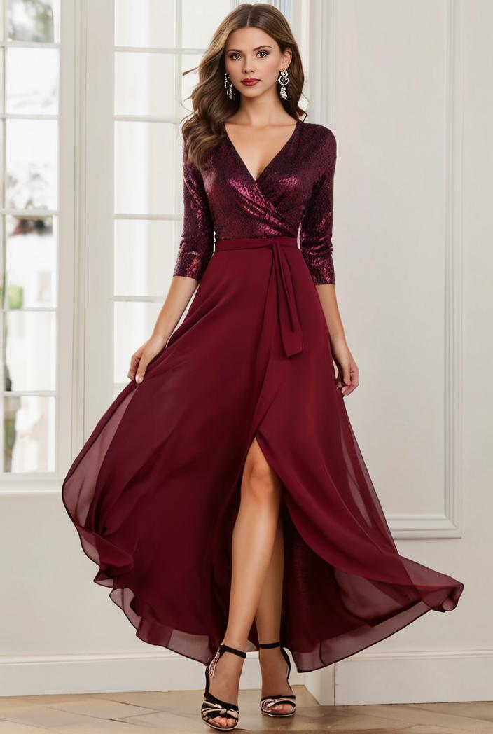 3 4 sleeve sheer sequin stripe high low hem evening dress 141173