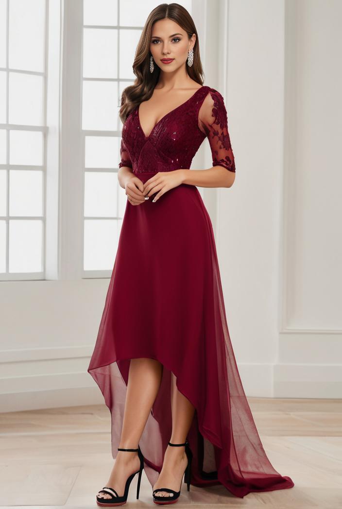 3 4 sleeve sheer sequin stripe high low hem evening dress 135013