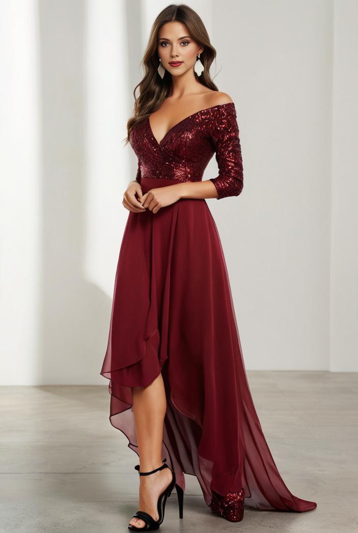 3 4 sleeve sheer sequin stripe high low hem evening dress 135015