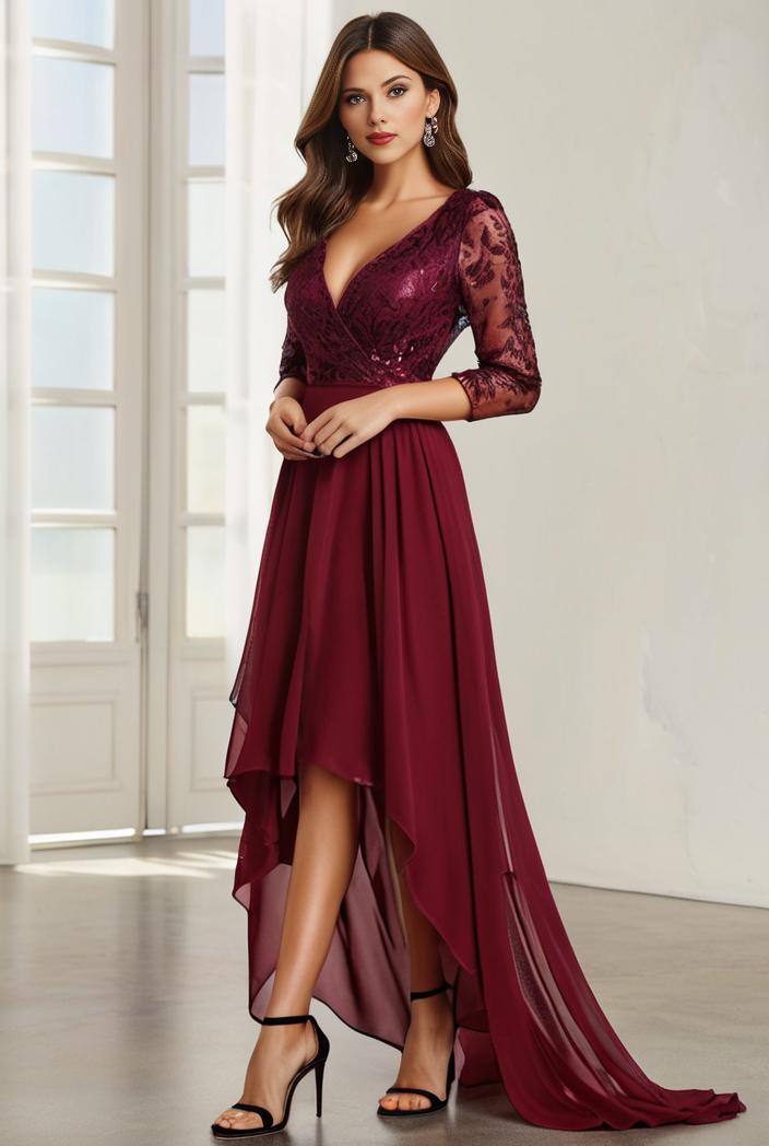 3 4 sleeve sheer sequin stripe high low hem evening dress 135016