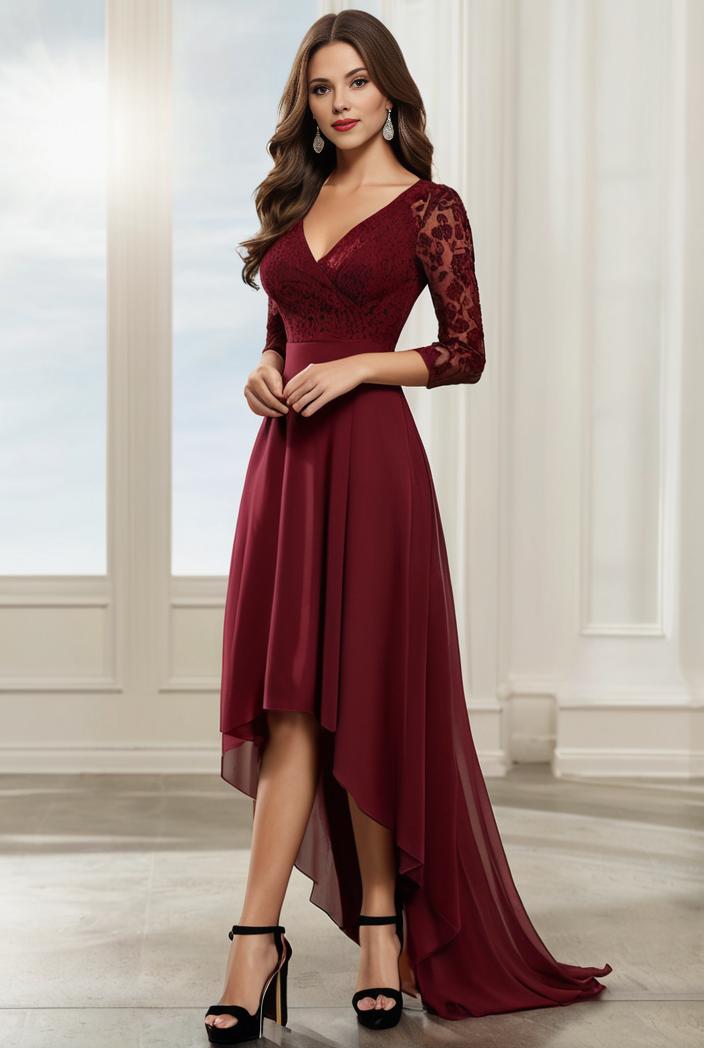 3 4 sleeve sheer sequin stripe high low hem evening dress 135017