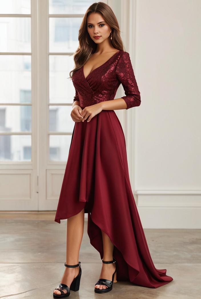 3 4 sleeve sheer sequin stripe high low hem evening dress 135018