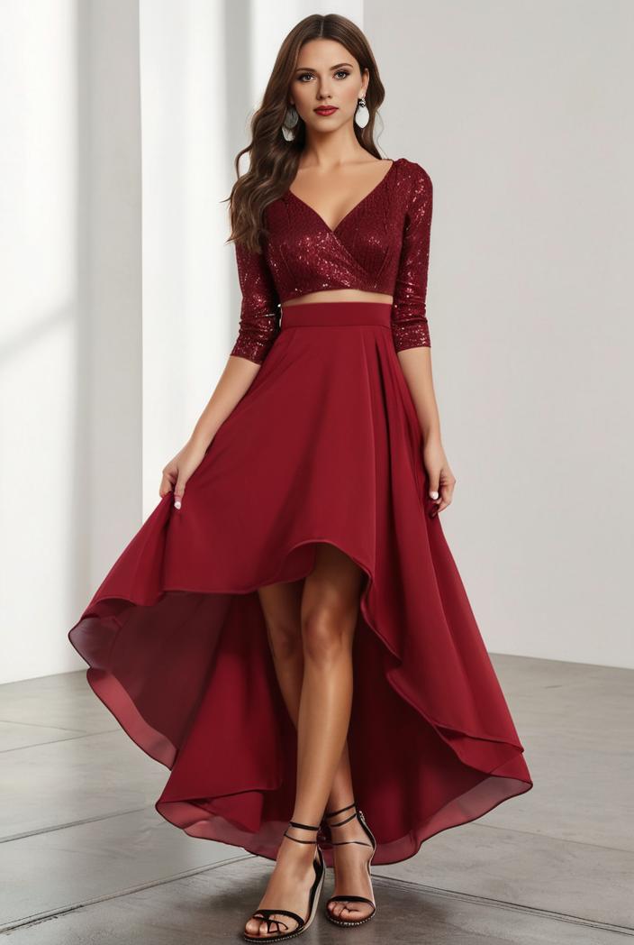 3 4 sleeve sheer sequin stripe high low hem evening dress 135031