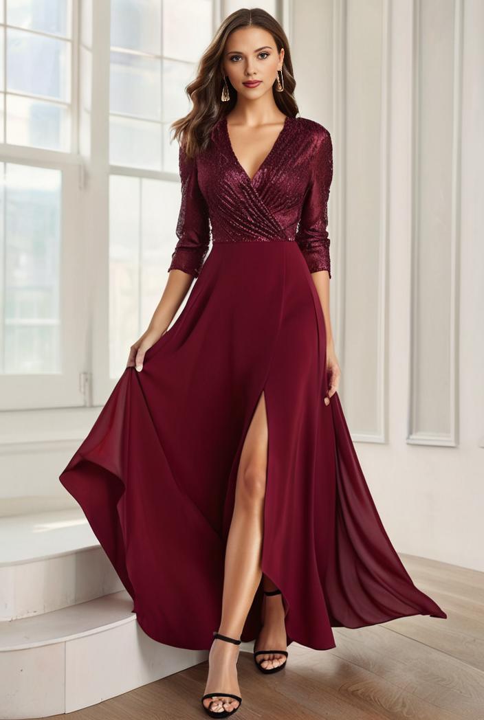 3 4 sleeve sheer sequin stripe high low hem evening dress 135032
