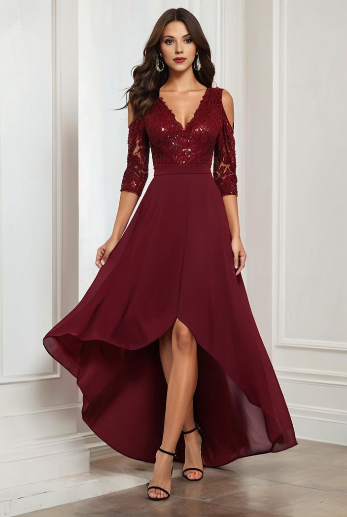 3 4 sleeve sheer sequin stripe high low hem evening dress 135033