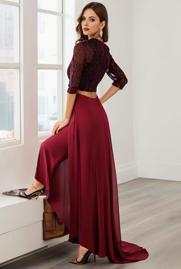 3 4 sleeve sheer sequin stripe high low hem evening dress 135038