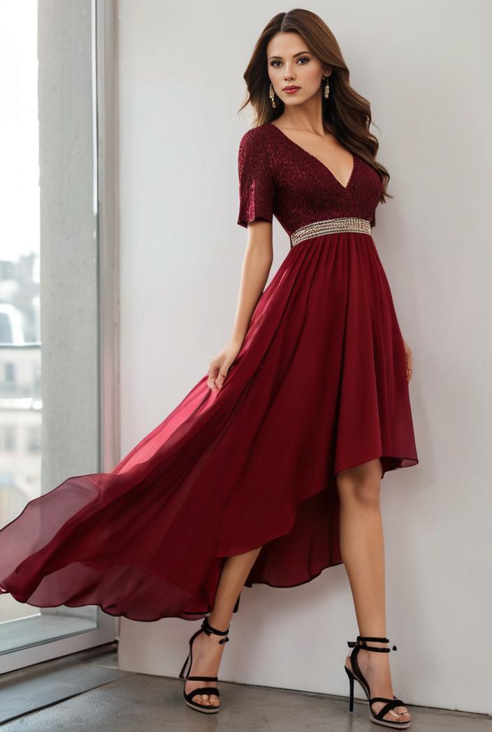 3 4 sleeve sheer sequin stripe high low hem evening dress 135050