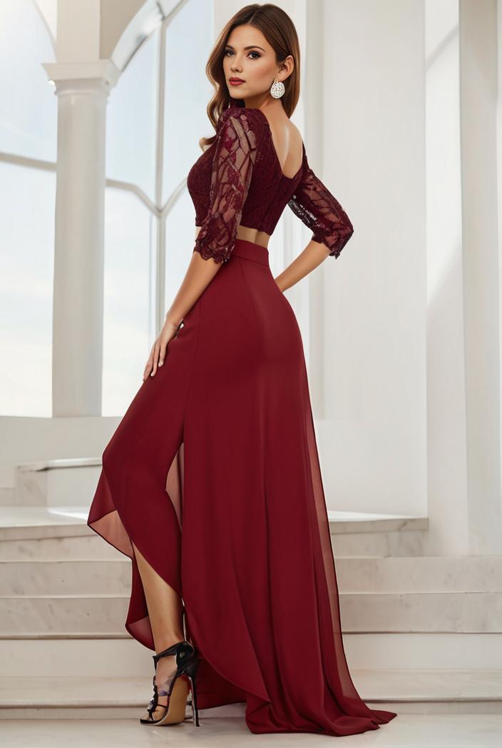 3 4 sleeve sheer sequin stripe high low hem evening dress 135051