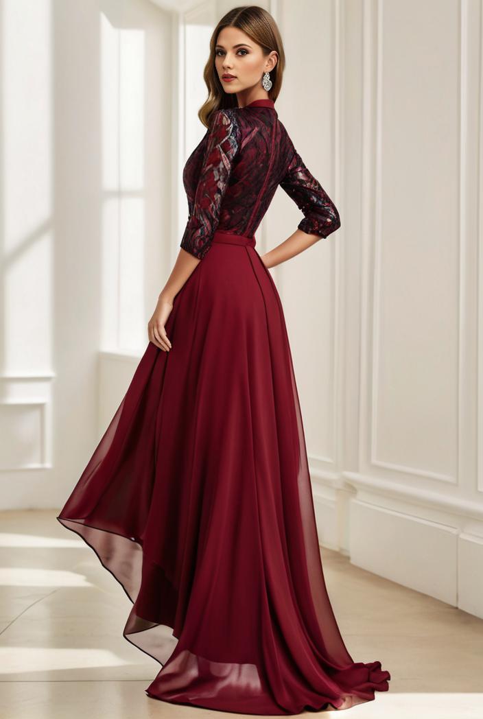 3 4 sleeve sheer sequin stripe high low hem evening dress 135052
