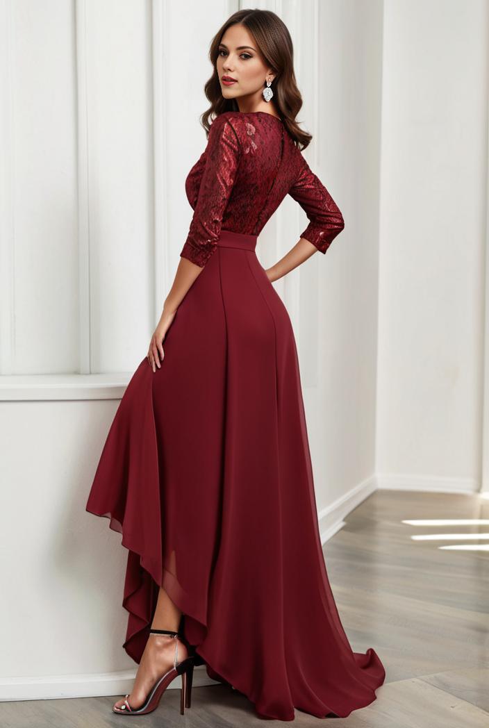 3 4 sleeve sheer sequin stripe high low hem evening dress 135057