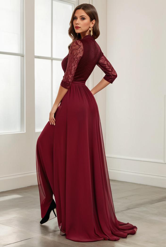 3 4 sleeve sheer sequin stripe high low hem evening dress 135058
