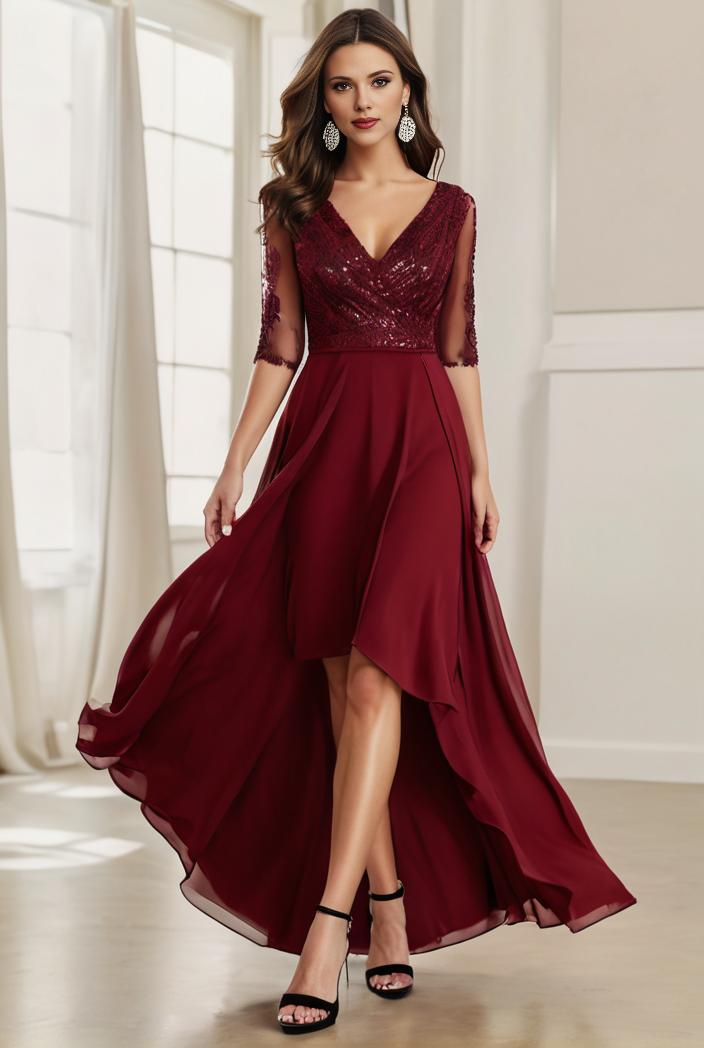 3 4 sleeve sheer sequin stripe high low hem evening dress 135068