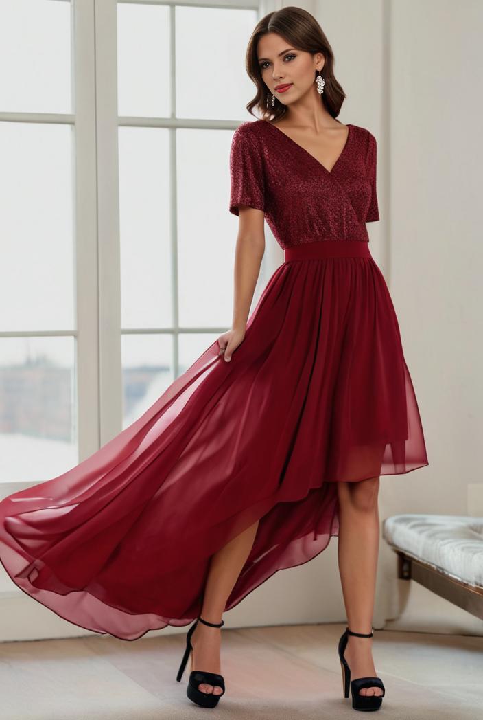 3 4 sleeve sheer sequin stripe high low hem evening dress 119288