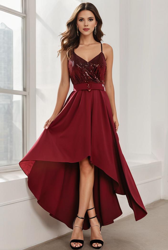3 4 sleeve sheer sequin stripe high low hem evening dress 119293