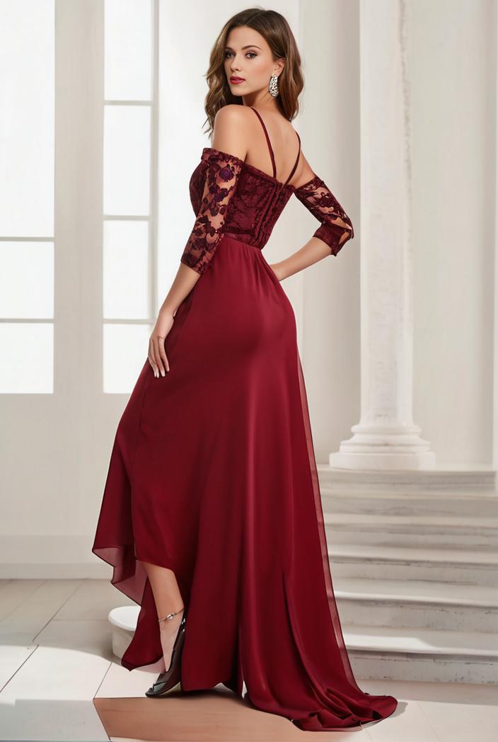 3 4 sleeve sheer sequin stripe high low hem evening dress 119302