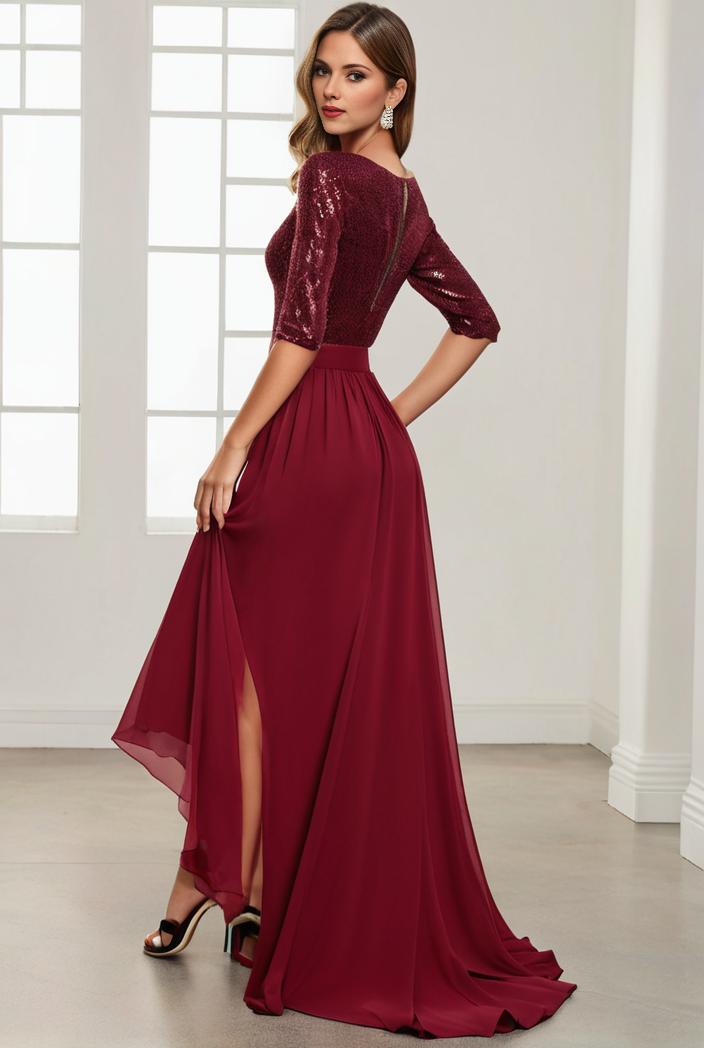 3 4 sleeve sheer sequin stripe high low hem evening dress 119320