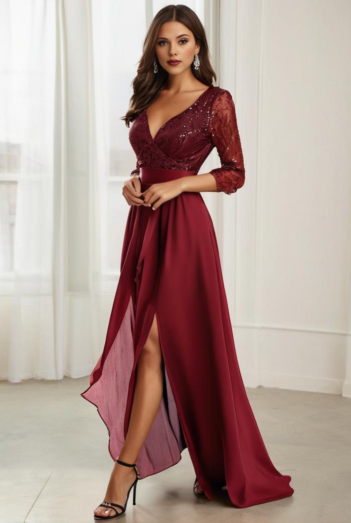 3 4 sleeve sheer sequin stripe high low hem evening dress 119324