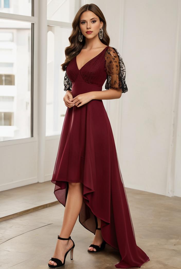 3 4 sleeve sheer sequin stripe high low hem evening dress 119329