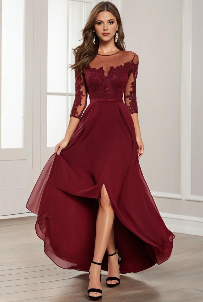 3 4 sleeve sheer sequin stripe high low hem evening dress 119336