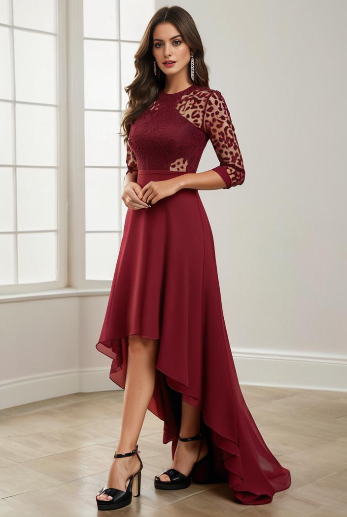 3 4 sleeve sheer sequin stripe high low hem evening dress 126782