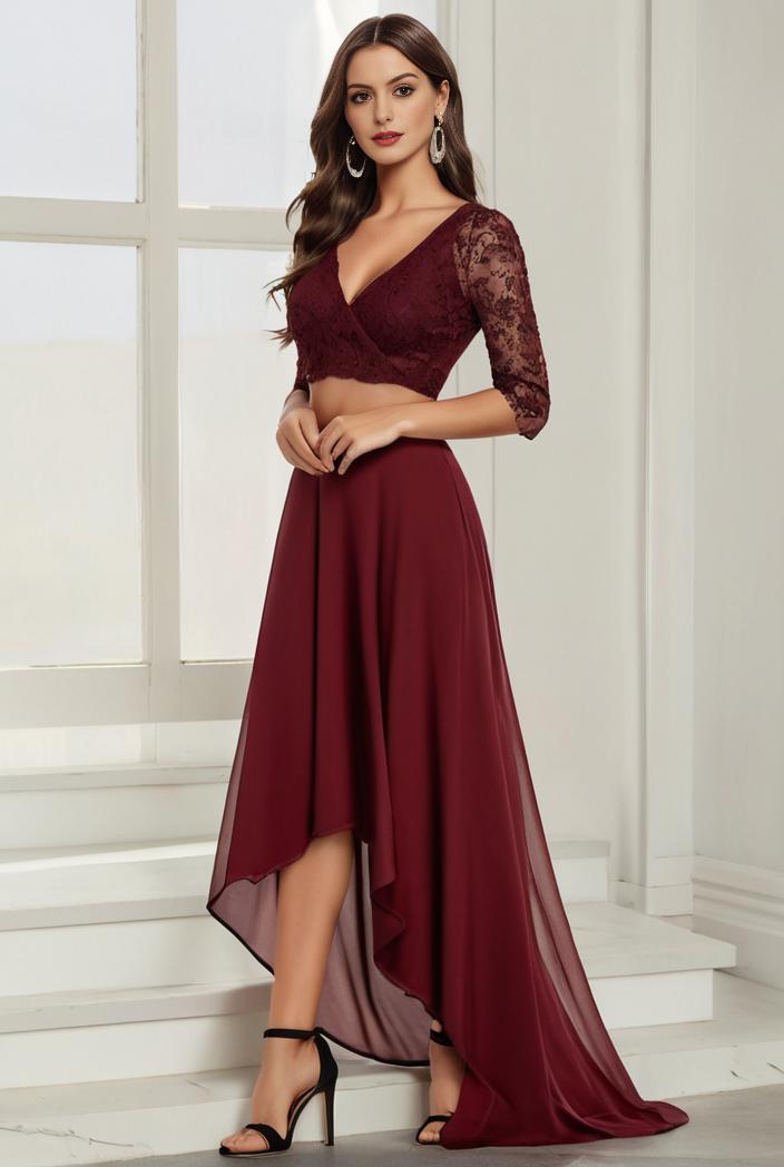3 4 sleeve sheer sequin stripe high low hem evening dress 126787