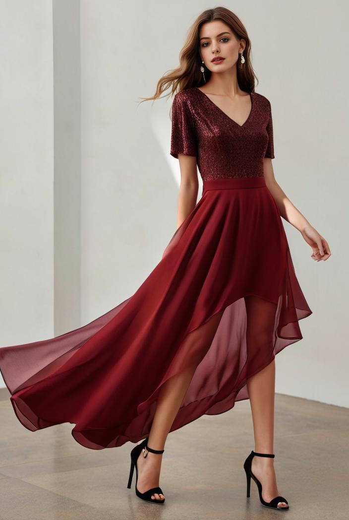 3 4 sleeve sheer sequin stripe high low hem evening dress 126793
