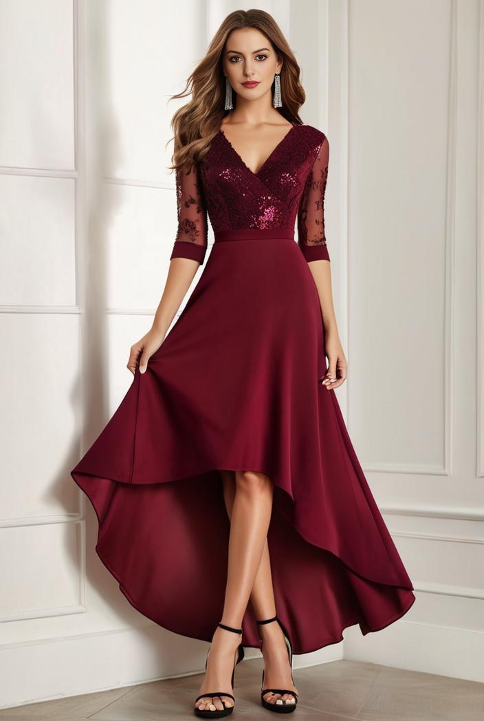 3 4 sleeve sheer sequin stripe high low hem evening dress 126800
