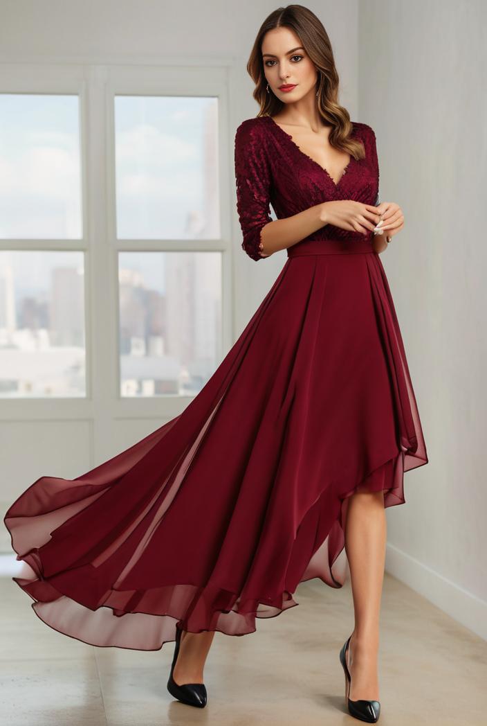 3 4 sleeve sheer sequin stripe high low hem evening dress 126812