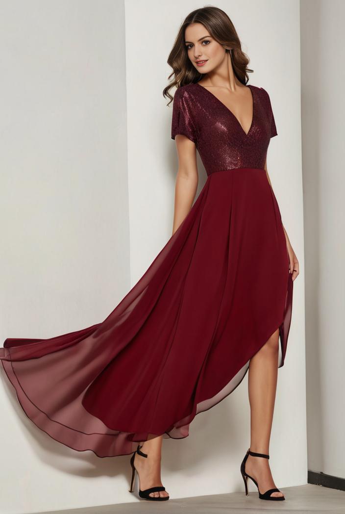 3 4 sleeve sheer sequin stripe high low hem evening dress 126819