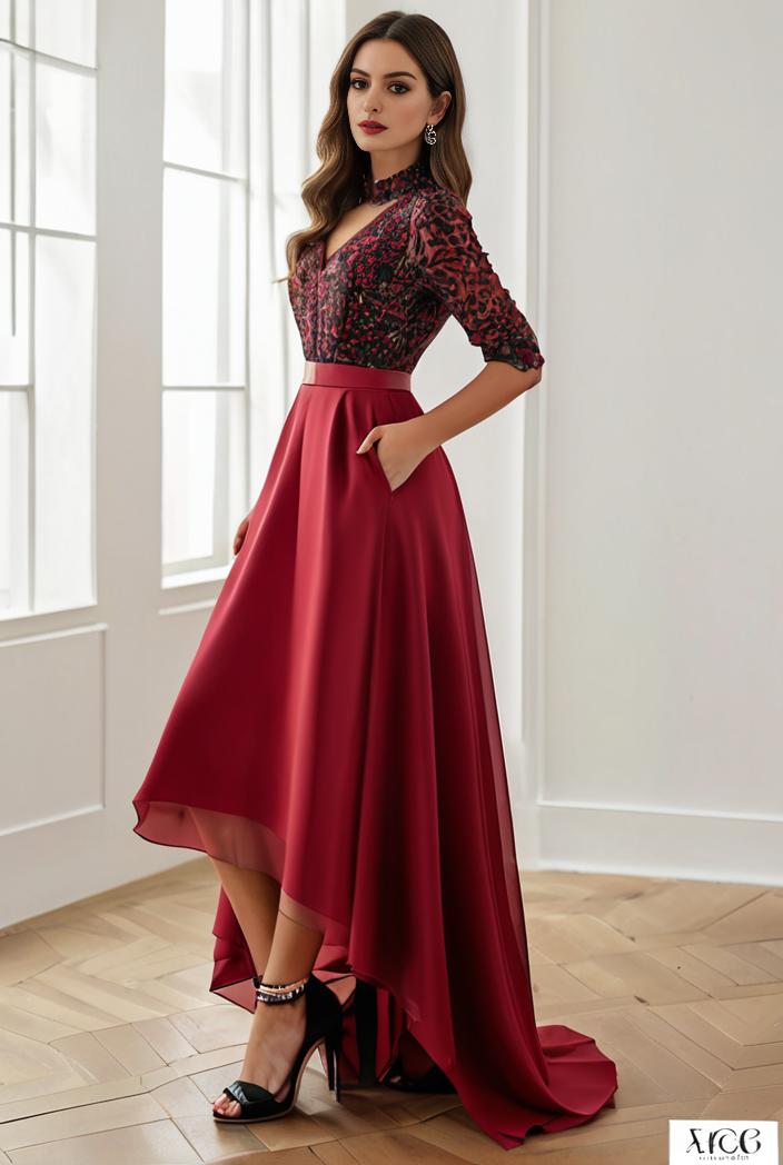 3 4 sleeve sheer sequin stripe high low hem evening dress 126822