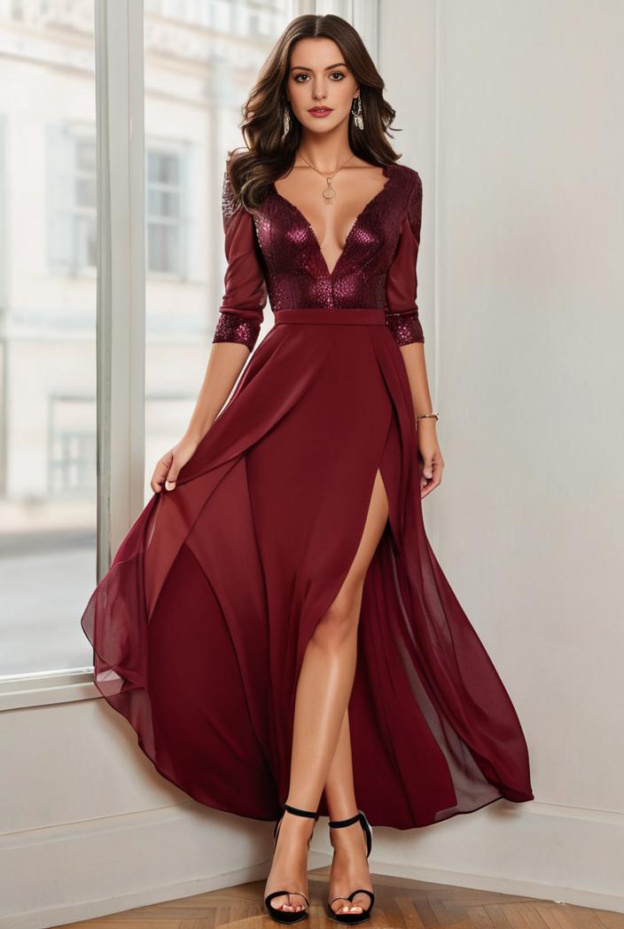 3 4 sleeve sheer sequin stripe high low hem evening dress 126841