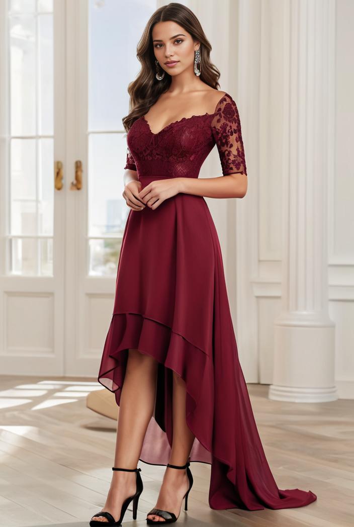 3 4 sleeve sheer sequin stripe high low hem evening dress 149789