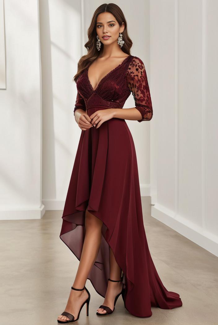 3 4 sleeve sheer sequin stripe high low hem evening dress 149795