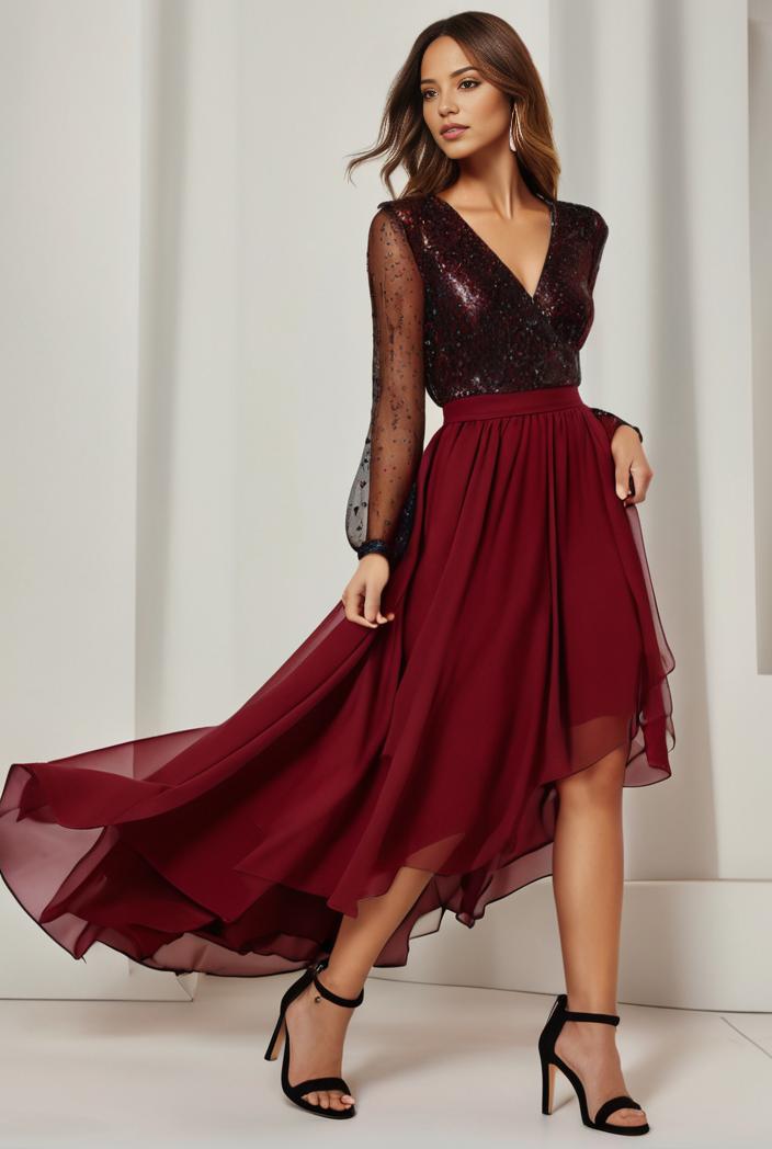3 4 sleeve sheer sequin stripe high low hem evening dress 149799
