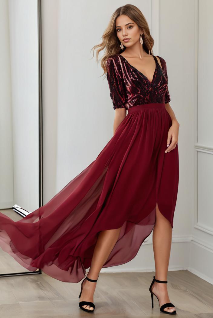 3 4 sleeve sheer sequin stripe high low hem evening dress 149801