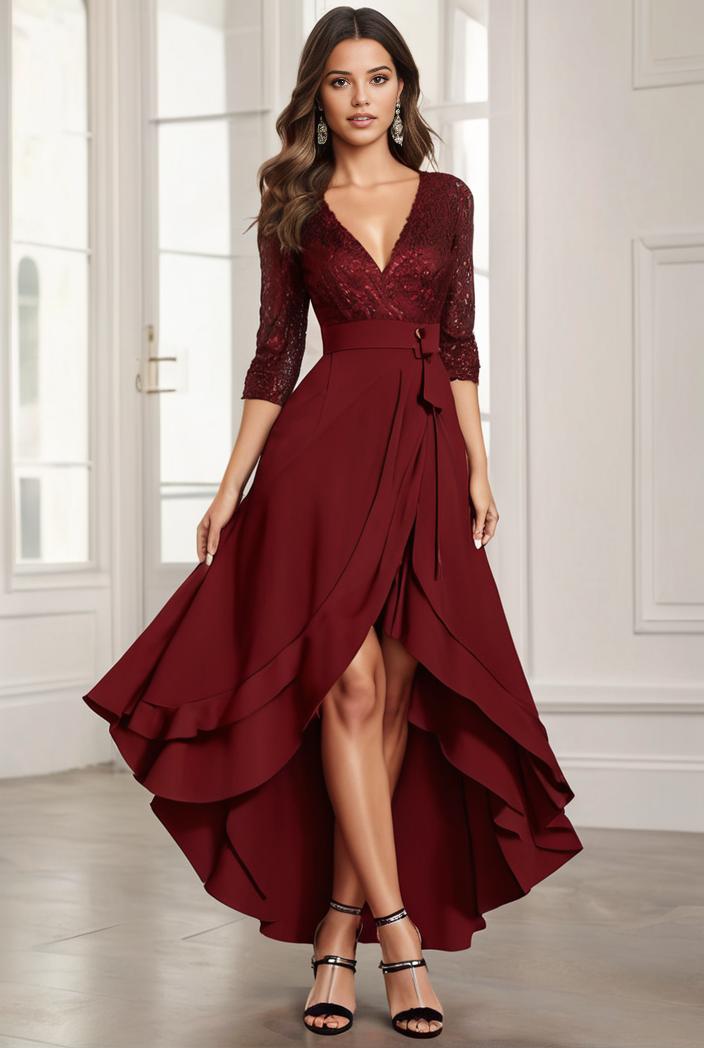 3 4 sleeve sheer sequin stripe high low hem evening dress 149806