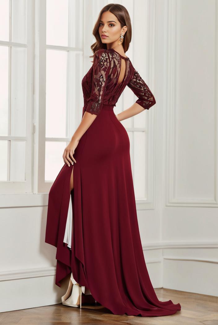 3 4 sleeve sheer sequin stripe high low hem evening dress 149817