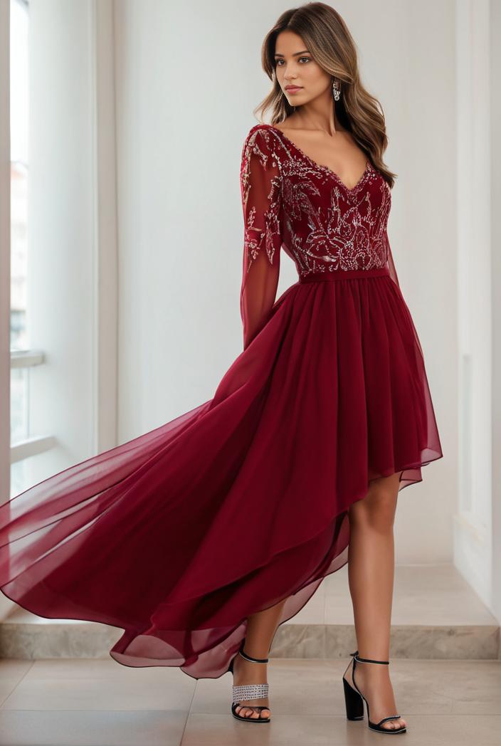 3 4 sleeve sheer sequin stripe high low hem evening dress 149820