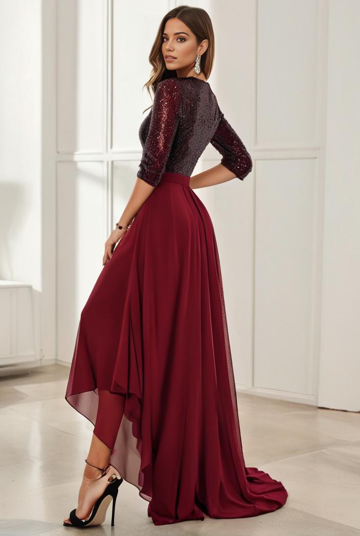 3 4 sleeve sheer sequin stripe high low hem evening dress 149831