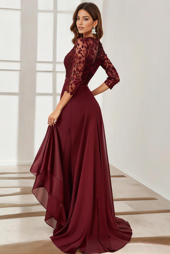 3 4 sleeve sheer sequin stripe high low hem evening dress 149835