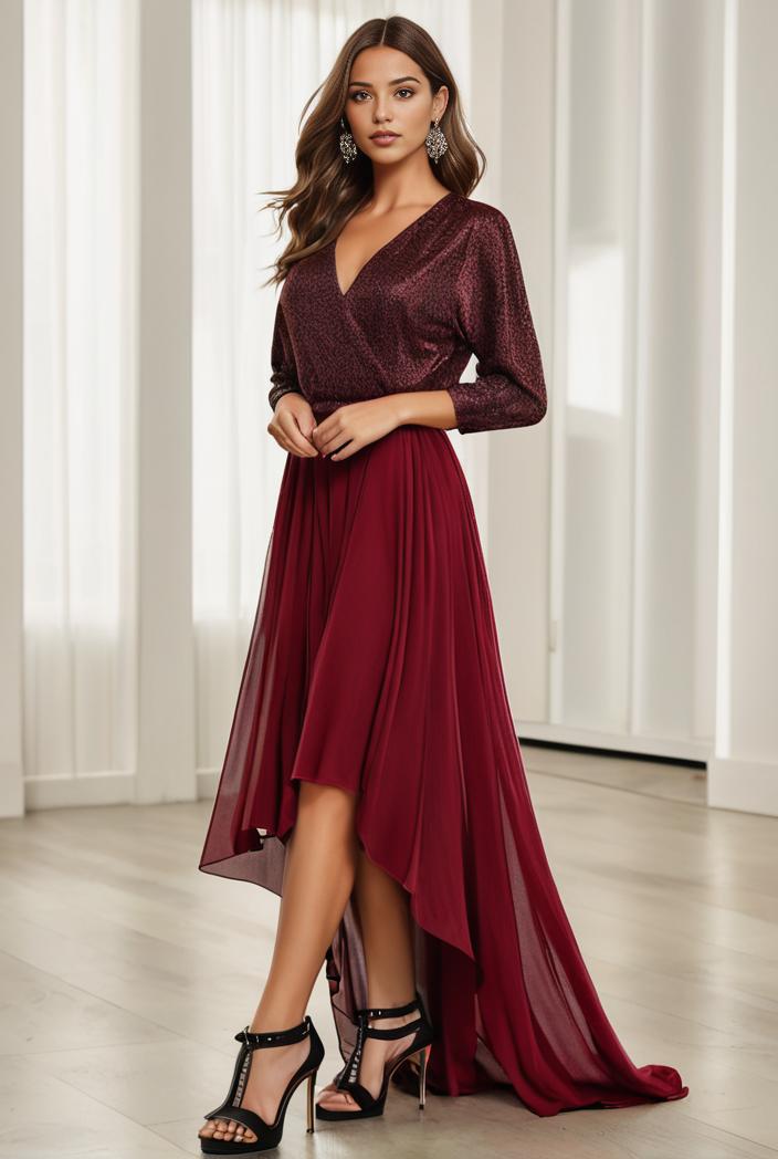 3 4 sleeve sheer sequin stripe high low hem evening dress 149839