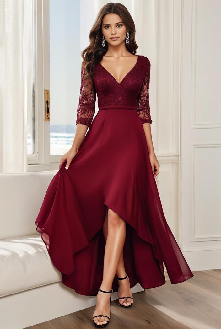 3 4 sleeve sheer sequin stripe high low hem evening dress 149845