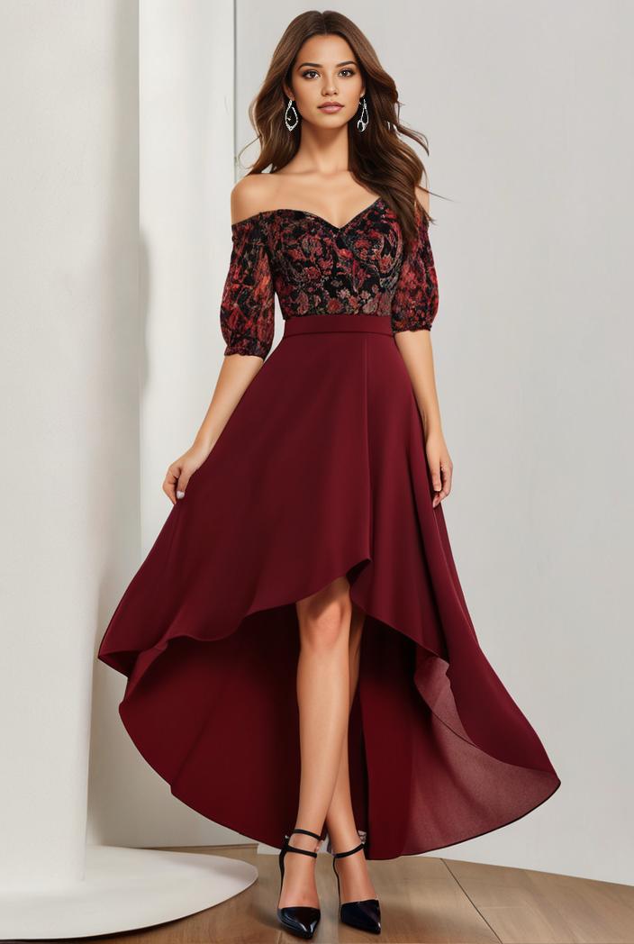 3 4 sleeve sheer sequin stripe high low hem evening dress 149851