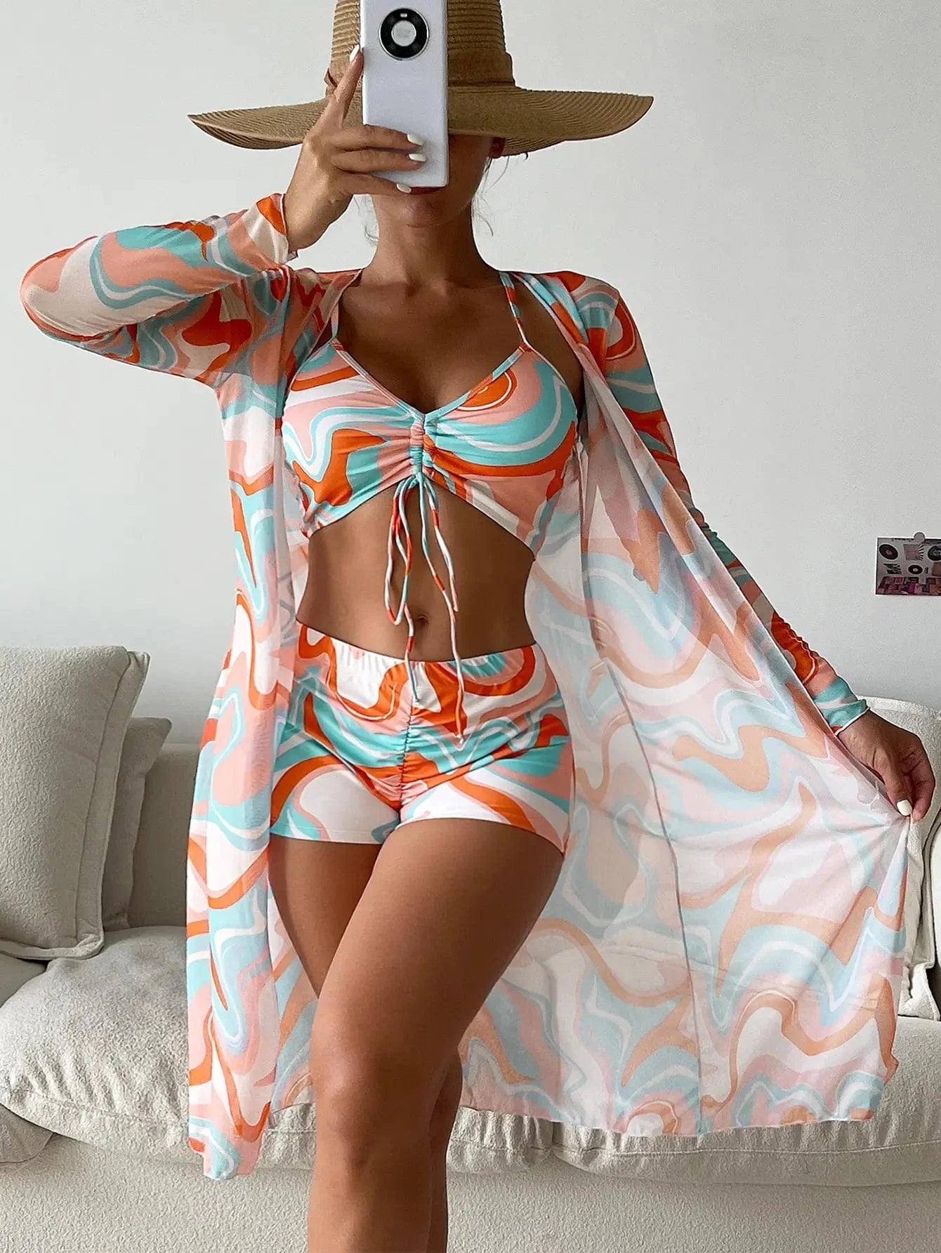 3 Pieces Sexy Print Bikini Women High Waist Swimsuit Cover Up Swimwear Female Lady Bathing Suit Swimming Summer Beachwear