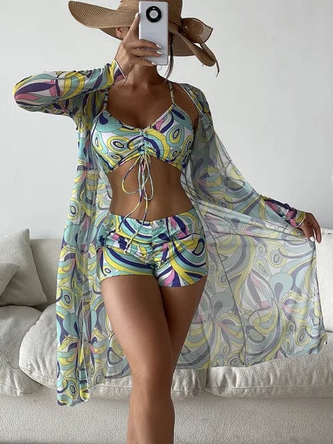3 Pieces Sexy Print Bikini Women High Waist Swimsuit Cover Up Swimwear Female Lady Bathing Suit Swimming Summer Beachwear